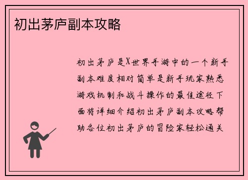 初出茅庐副本攻略