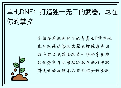 单机DNF：打造独一无二的武器，尽在你的掌控